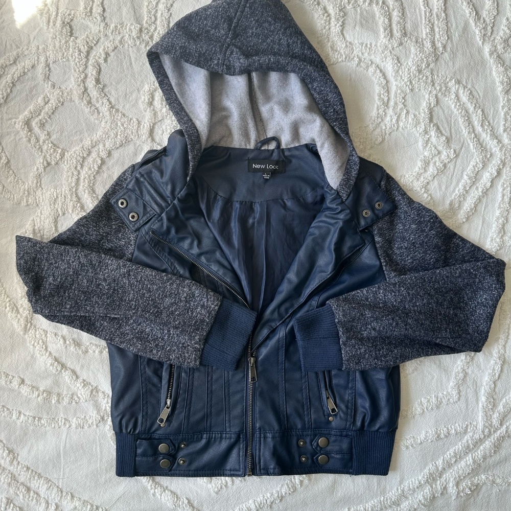 New Look Blue Faux Leather Bomber Jacket with Gray Knit Sleeves and Hood Size x‎